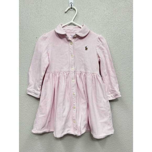 Ralph Lauren Polo Dress Baby Girls Pink White Striped Knit Oxford Sz 18 Months - Picture 1 of 6